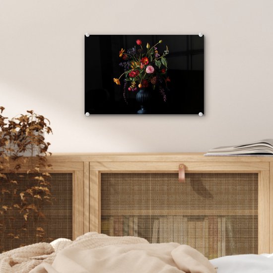 MuchoWow® Glasschilderij 30x20 cm - Schilderij acrylglas - Bloemen - Bessen - Klassiek - Foto op glas - Muurdecoratie woonkamer - Wanddecoratie slaapkamer - Schilderijen