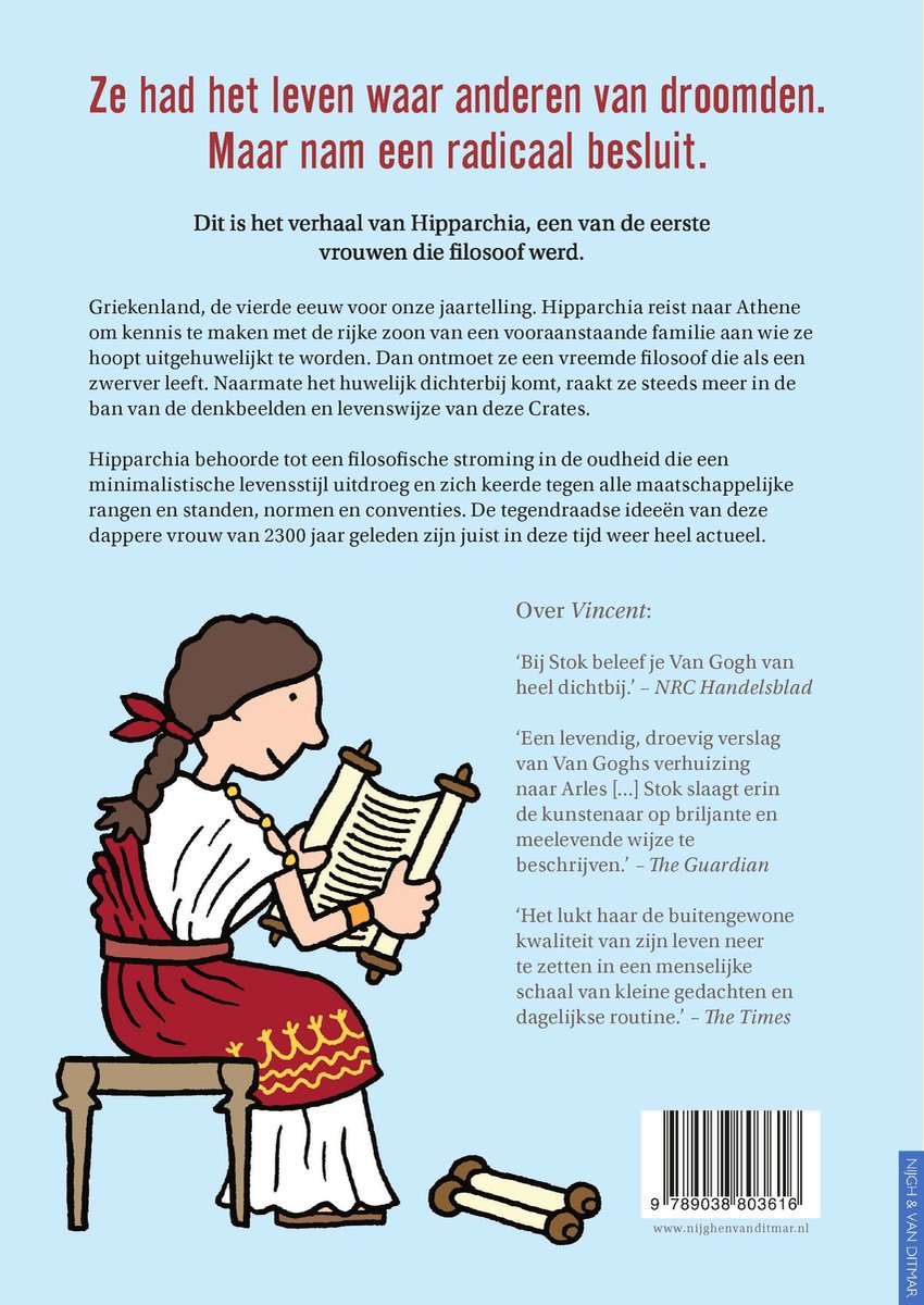 Illustratie van een vrouw met een wrong, in een rood met wit gewaad, die een perkamentrol vasthoudt op een stoel.