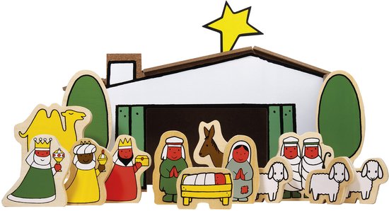 Houten kerststal met veertien figuren: Maria, Jozef, Jezus, herders, schapen, koningen, kameel, ezel en ster. De stal is wit met groene bomen.