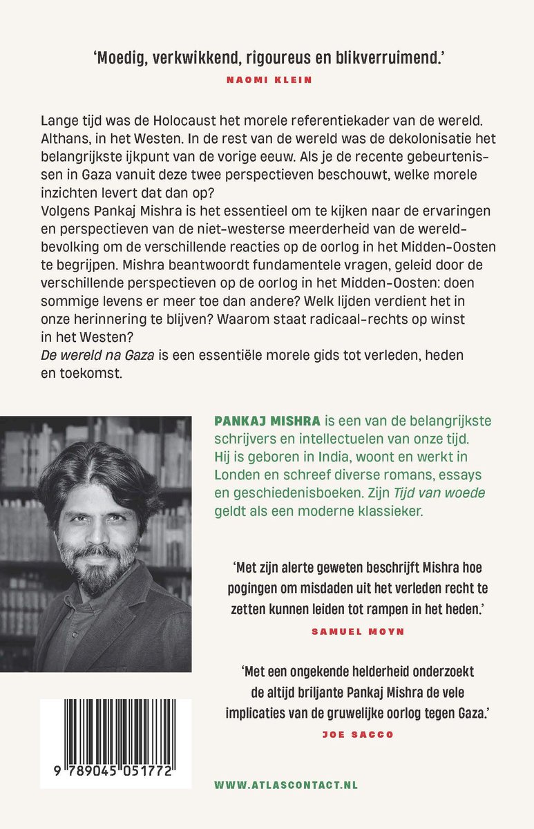 Boekomslag met portret van Pankaj Mishra, tekst 'De wereld na Gaza' en citaten.