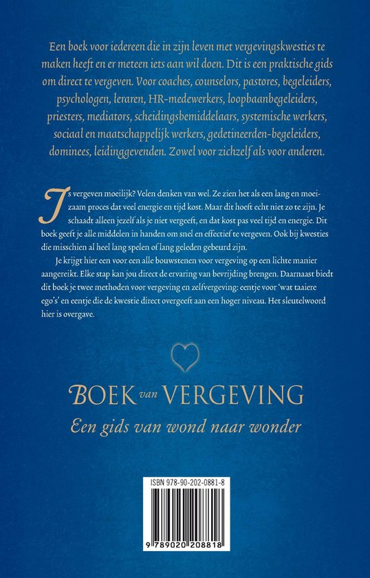 Achterkant van het boek 'Boek van vergeving'. Bevat een beschrijving van het boek en de ISBN-barcode.