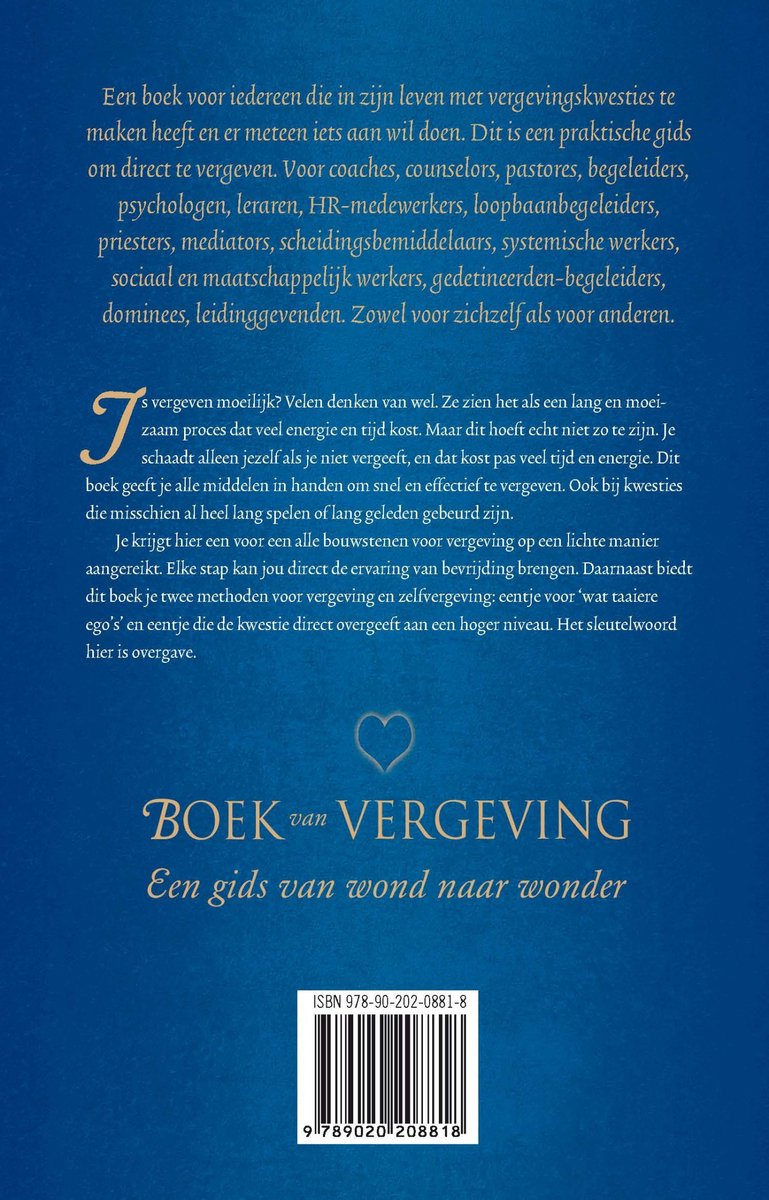 Achterkant van het boek 'Boek van vergeving'. Bevat een beschrijving van het boek en de ISBN-barcode.