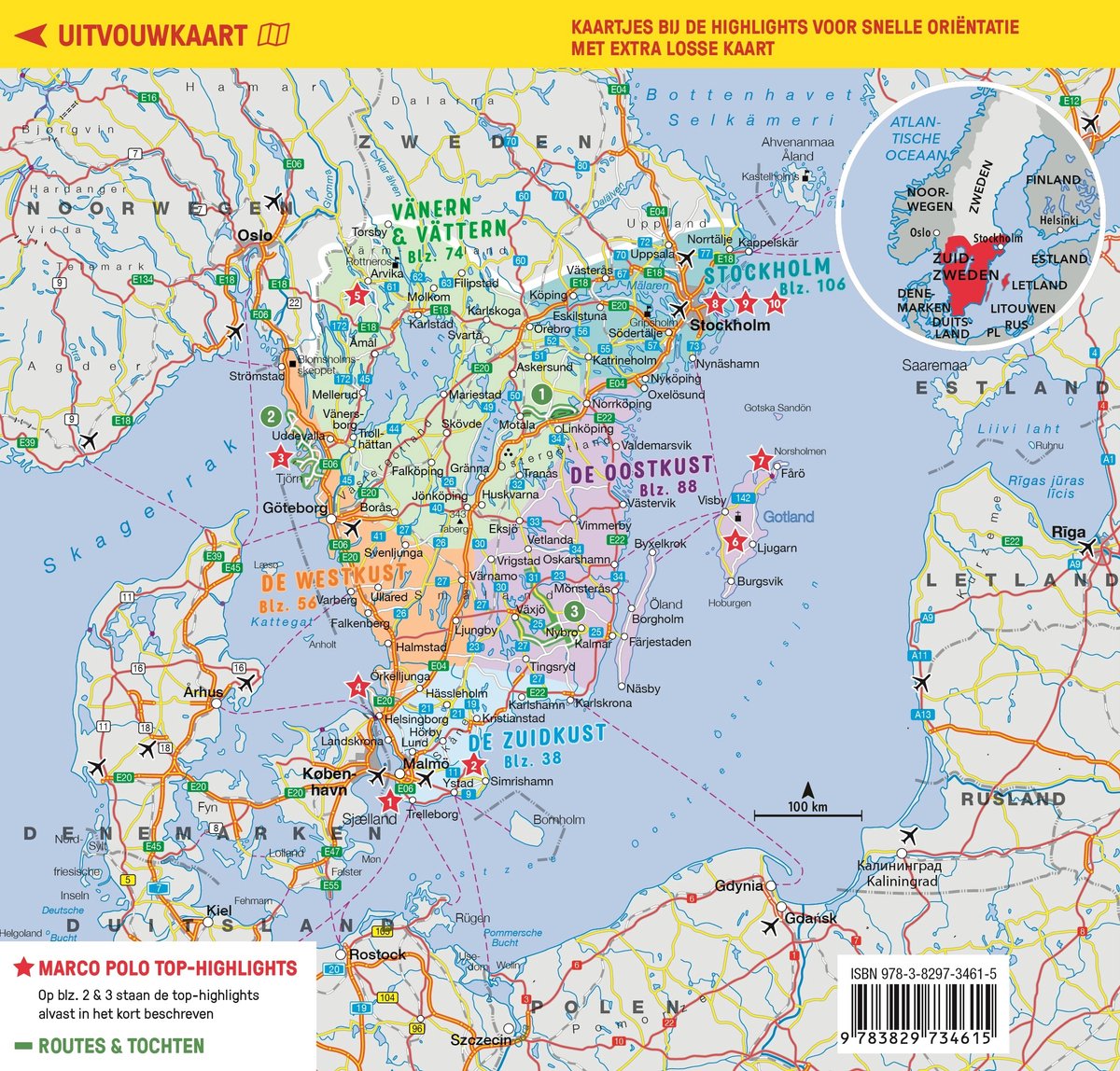 Kaart van Zuid-Zweden met belangrijke routes, steden zoals Stockholm, Kopenhagen en Oslo, en hoogtepunten.
