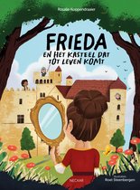 Een meisje met bruin haar houdt een gouden spiegel vast voor een kasteel. 'FRIEDA EN HET KASTEEL DAT TOT LEVEN KOMT'.