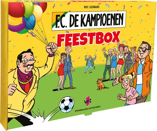 Boîte illustrant 'F.C. De Kampioenen Feestbox' avec ballons, confettis et personnages de la série.