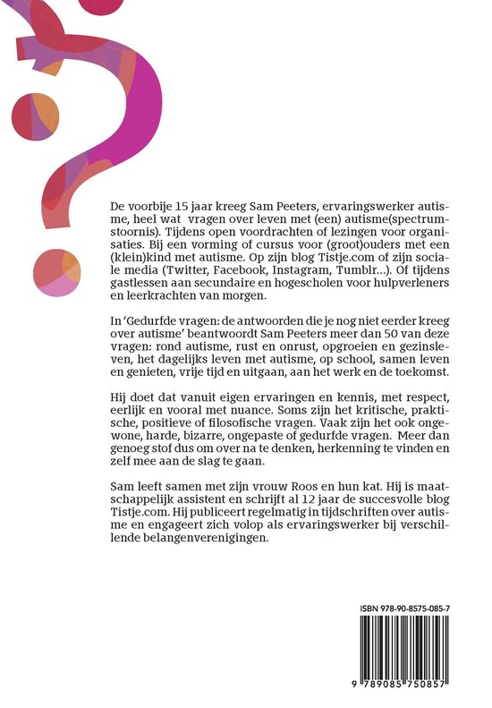 Achterkant boek "Gedurfde vragen" met ISBN en tekst over autisme.