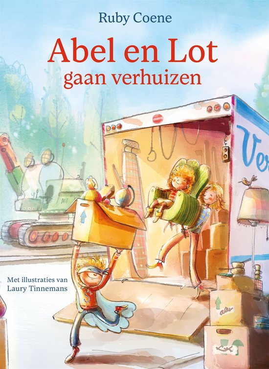 Boekcover: Abel en Lot gaan verhuizen, met twee kinderen en een verhuiswagen vol spullen.