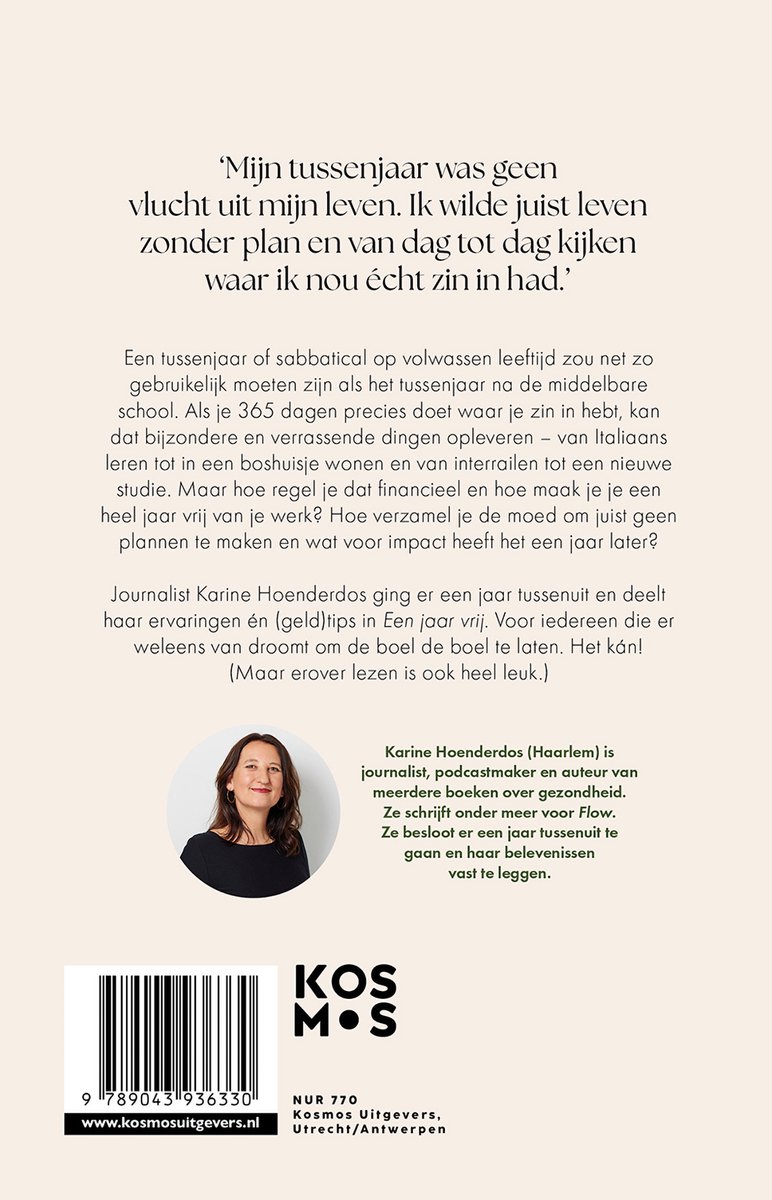 Achterkant boek "Een jaar vrij" met foto van auteur Karine Hoenderdos en tekst over haar sabbatical.