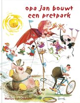 Omslag van het kinderboek 'Opa Jan bouwt een pretpark'. Opa Jan fietst terwijl hij zit op een soort kermisattractie.
