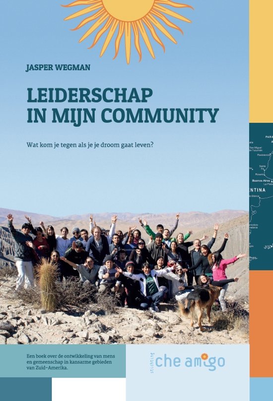 Boek kaft 'Leiderschap in mijn Community' met Jasper Wegman, een groep mensen en een hond in een berglandschap onder een zon.