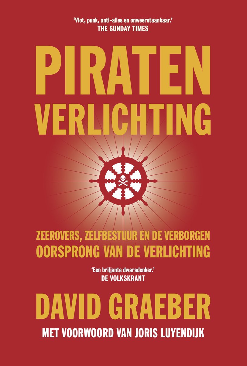 Boekomslag Piratenverlichting in rood en geel, met een roer en doodskop symbool.