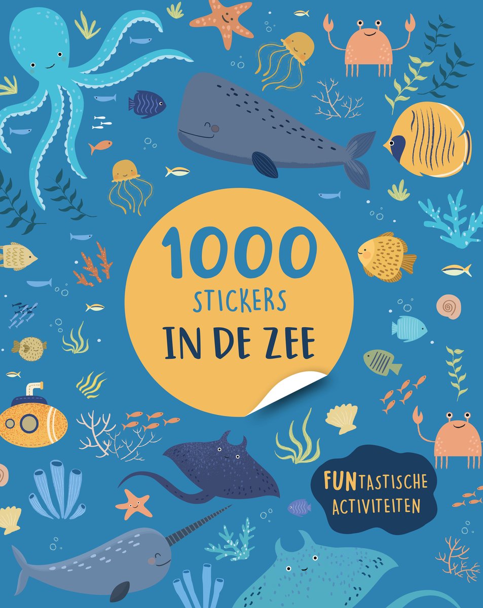 Boekomslag "1000 stickers in de zee" met diverse zeedieren zoals een octopus, walvis, en narwal.