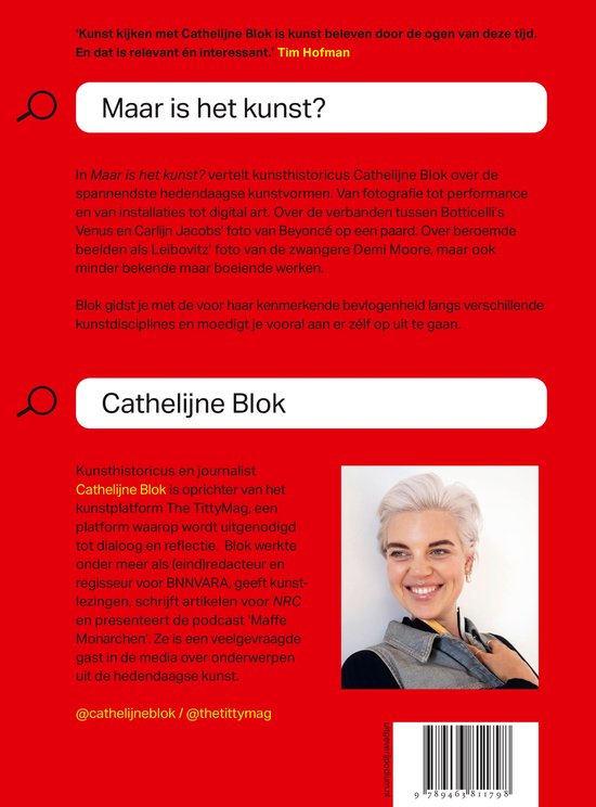 Achterkant van een boek met de titel 'Maar is het kunst?' en een foto van Cathelijne Blok.