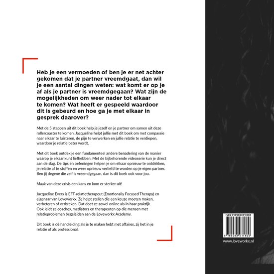 Boekomslag van 'Vreemdgaan in 5 stappen samen verder'. Tekst is in het Nederlands. ISBN: 9789083018009.