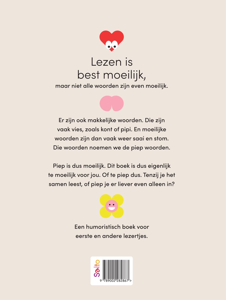 Boekomslag met tekst 'Lezen is best moeilijk, maar niet alle woorden zijn even moeilijk'. Geïllustreerd met een rood hartje en een gele bloem.