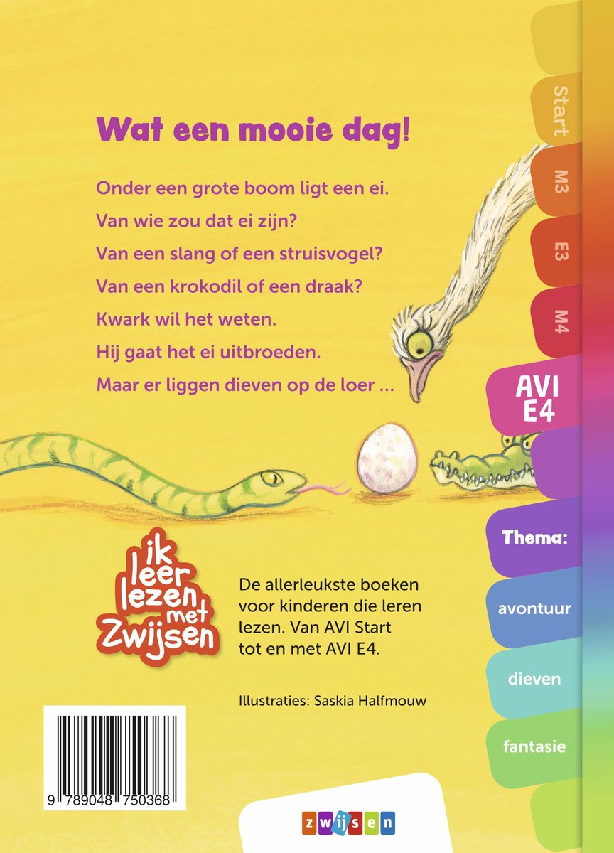 Boekomslag van 'Wat een mooie dag!' met slang, ei, krokodil. Tekst 'Ik leer lezen met Zwijsen'.