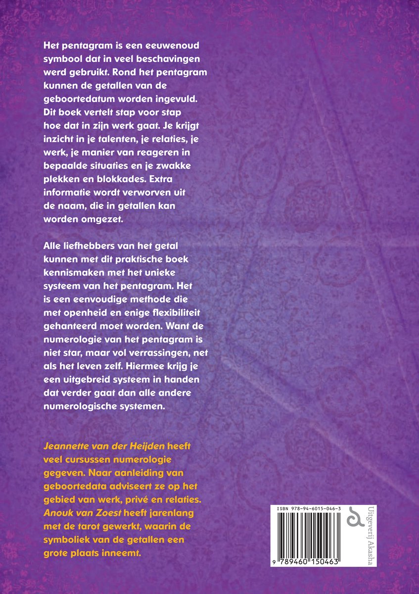 Achterflap van het boek 'De numerologie van het pentagram', met een samenvatting, auteursinformatie en ISBN-barcode.
