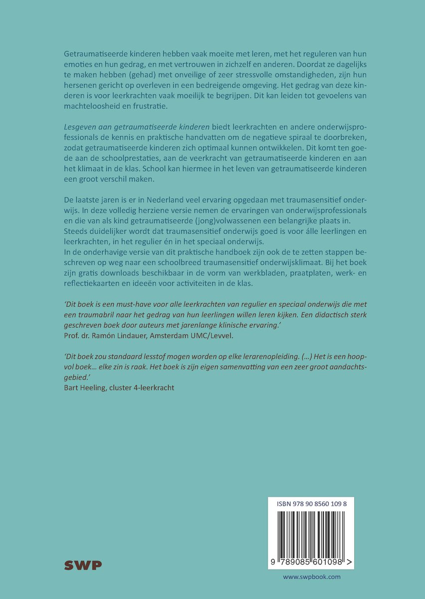 Achterkant van het boek 'Lesgeven aan getraumatiseerde kinderen' met tekst en ISBN.