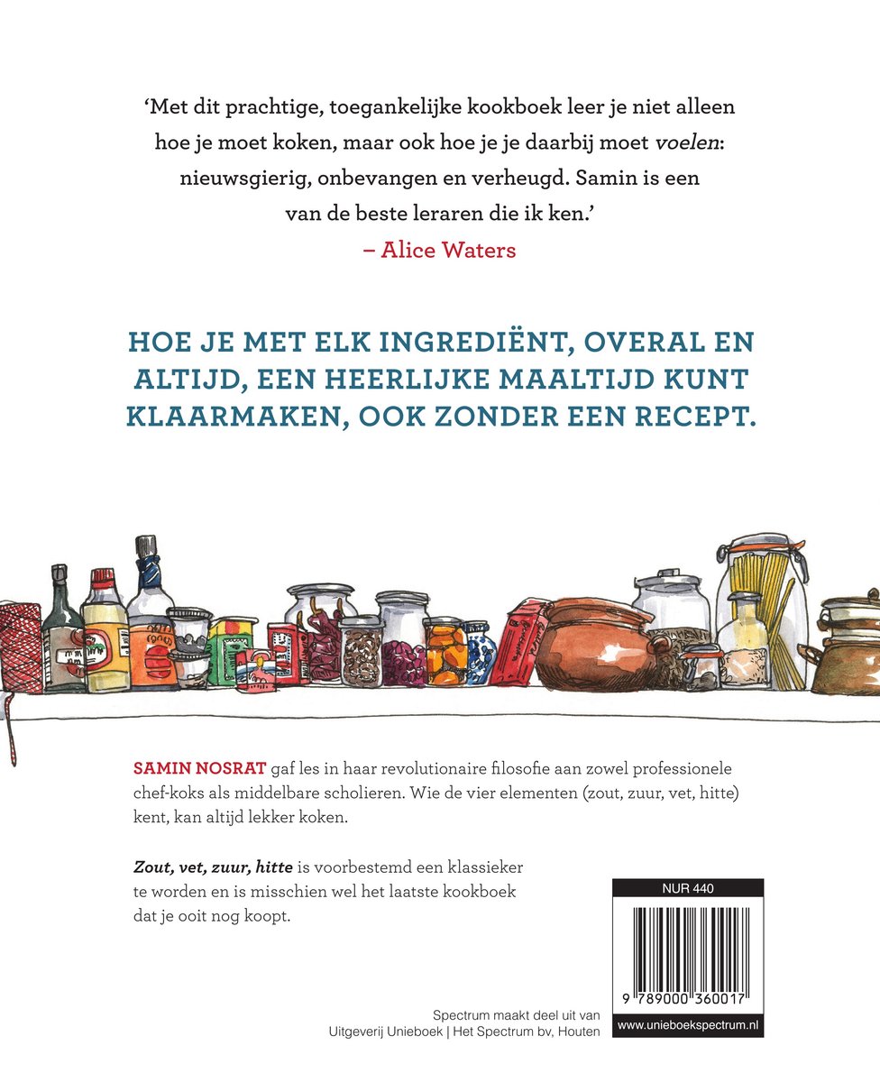 Boekomslag met een illustratie van keukenbenodigdheden. De titel 'Zout, vet, zuur, hitte' staat in grote, kleurrijke letters.