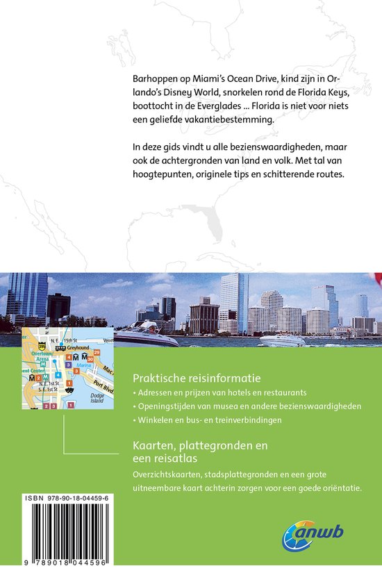 Een gedetailleerde kaart van Miami en de Florida Keys naast informatie over de ANWB Wereldreisgids Florida. Een skyline van Miami op de achtergrond.