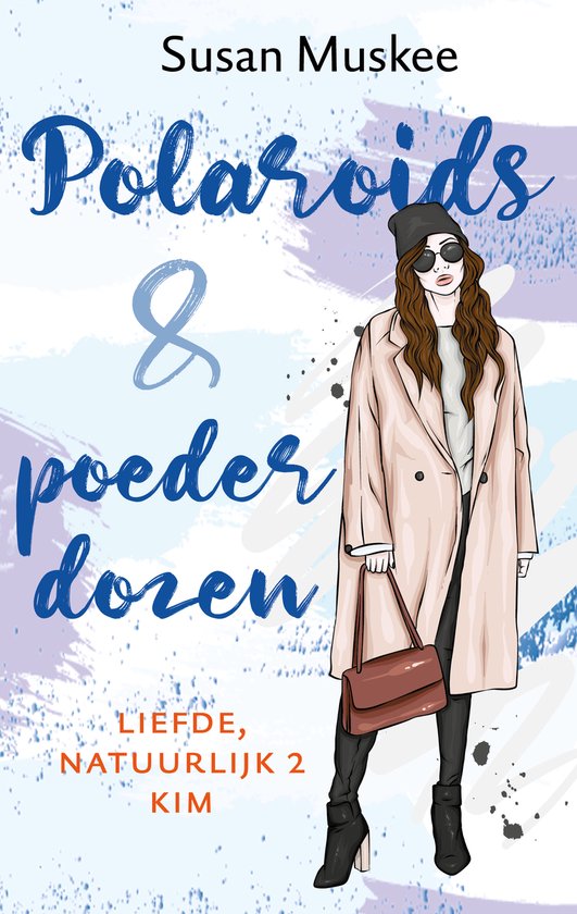 Une femme en manteau beige, pantalon noir, bottes, lunettes de soleil et bonnet, porte un sac marron. Titre : Polaroids & poederdozen.