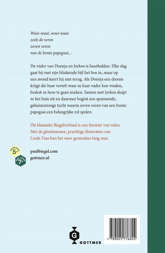 Achterkant van een boek met tekst over"De Zeven Veren van de Papegaai" en een QR-code.
