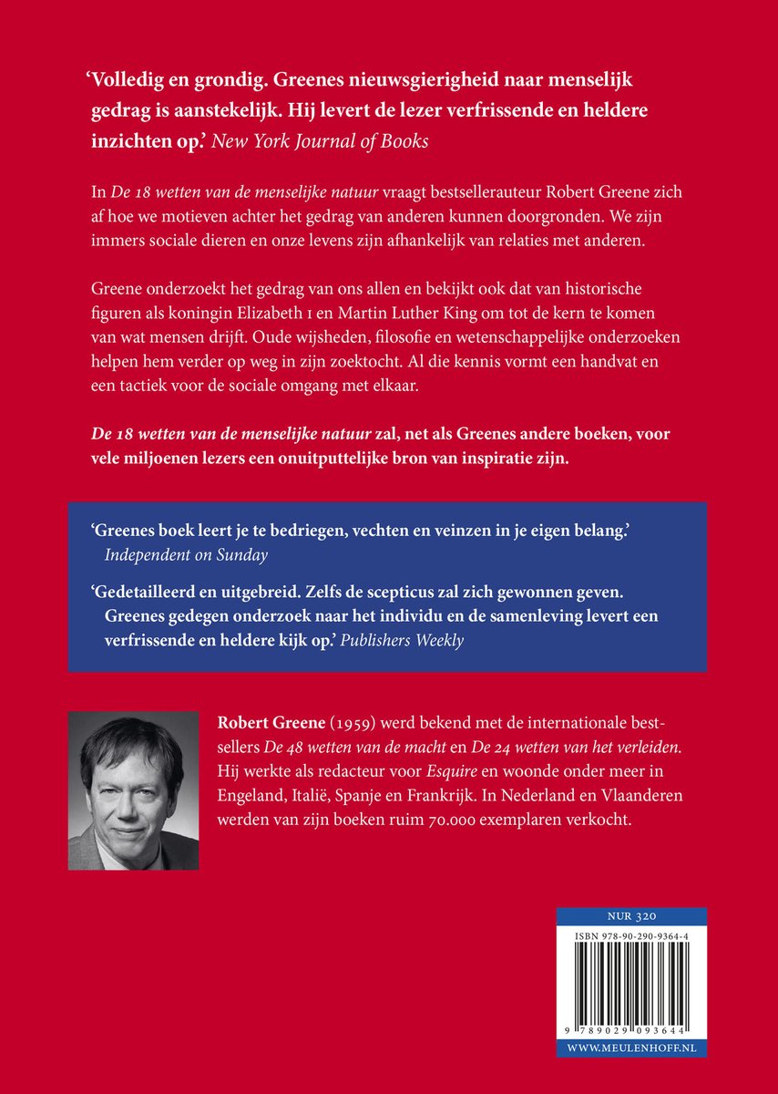 Achterkant boek "De 18 wetten van de menselijke natuur" met portret van Robert Greene, tekst en ISBN.