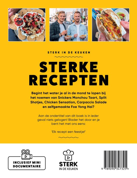 Boek met recepten, met op de cover 'Sterke Recepten', een salade, twee mannen en een wrap.