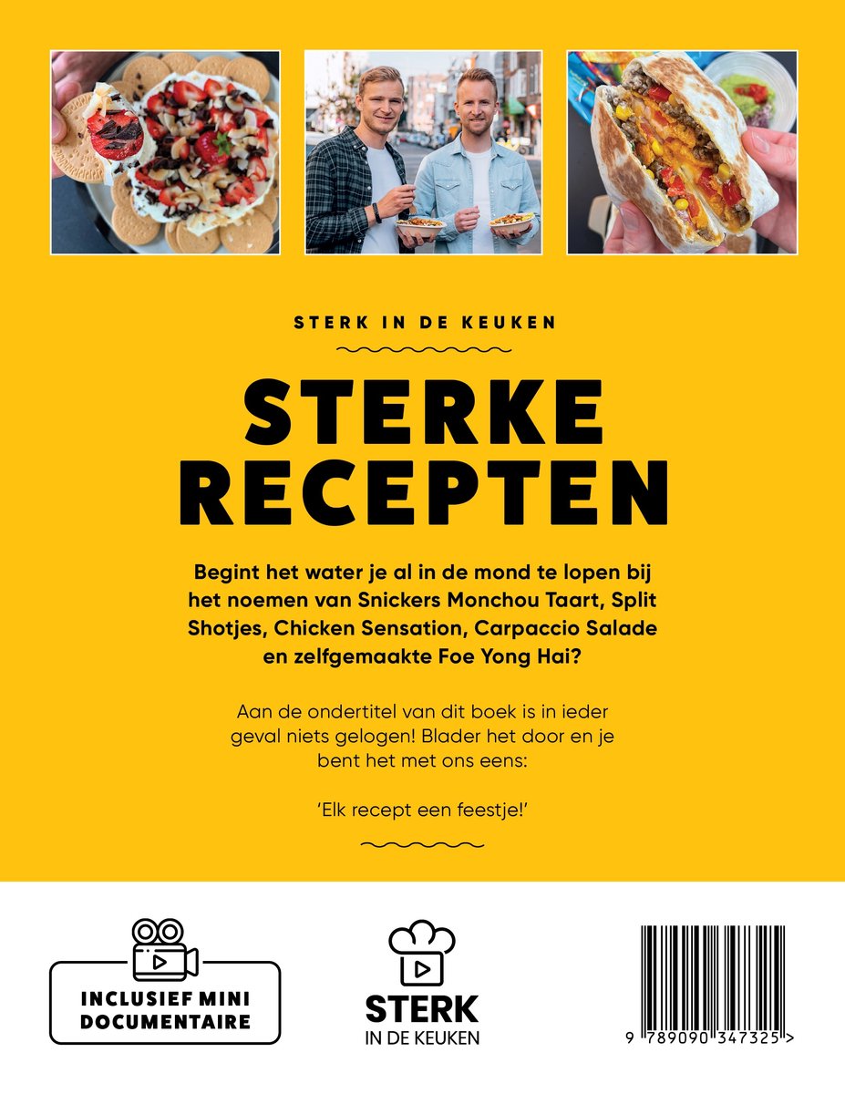 Boek met recepten, met op de cover 'Sterke Recepten', een salade, twee mannen en een wrap.