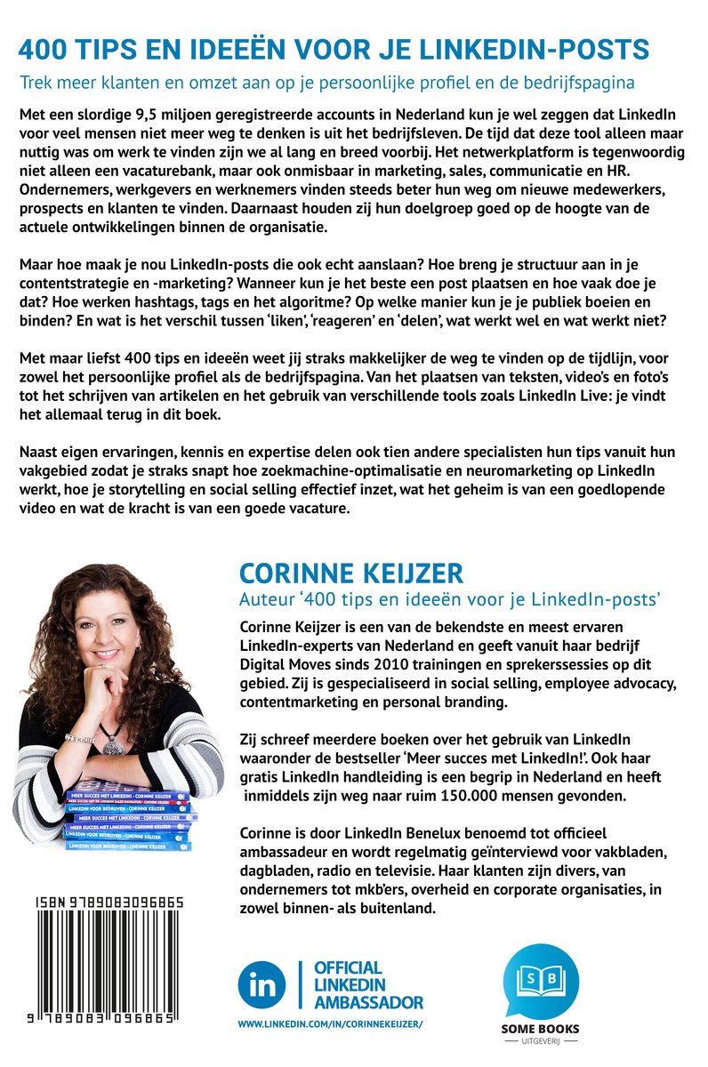 Corinne Keijzer lacht en wijst naar de camera, met een stapel boeken en de titel '400 tips en ideeën voor je LinkedIn-posts'.