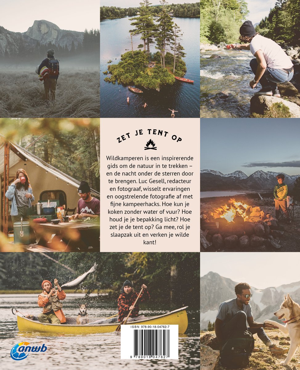 Collage van een boek met foto's van kamperen, een man die bij een rivier zit, een eilandje met bomen, een man die een vis vangt en een kampvuur.