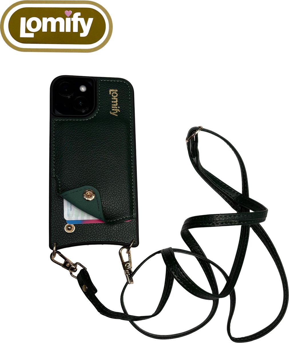 Lomify Corded Case geschikt voor de Apple iPhone 15 Plus met pasjeshouder voor 2-3 pasjes incl bijpassende strap, vegan leer Donker Groen