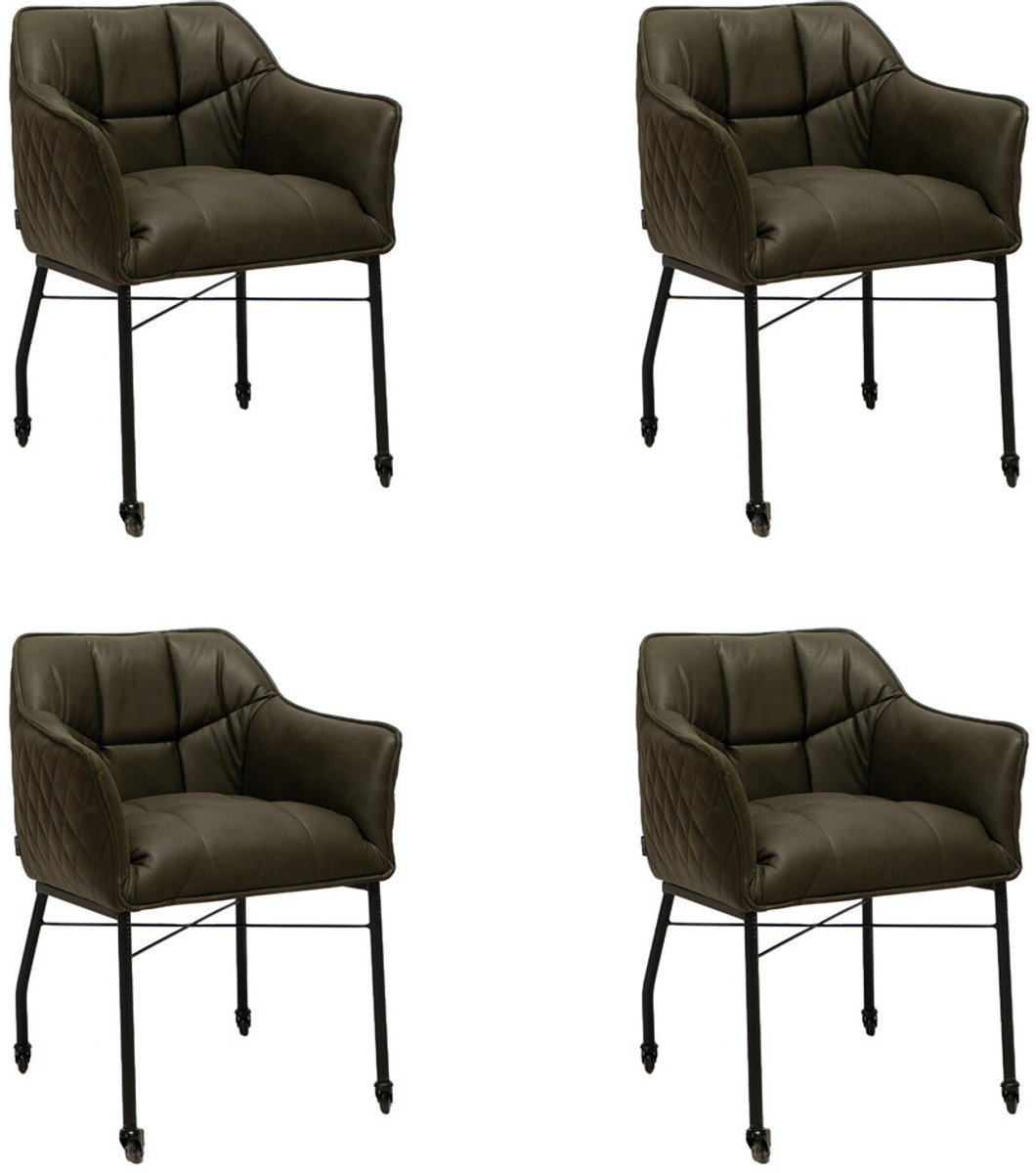 Bronx71 Eetkamerstoel met wieltjes Royce eco-leer groen - eetkamerstoelen set van 4 - stoel Olive / groen