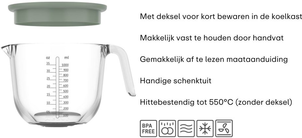 Mepal Glas maatbeker met deksel Chef it - 1 l - Maataanduiding - Vaatwasmachine-. magnetron- en ovenbestendig - Bakspullen - Nordic sage — afbeelding 3