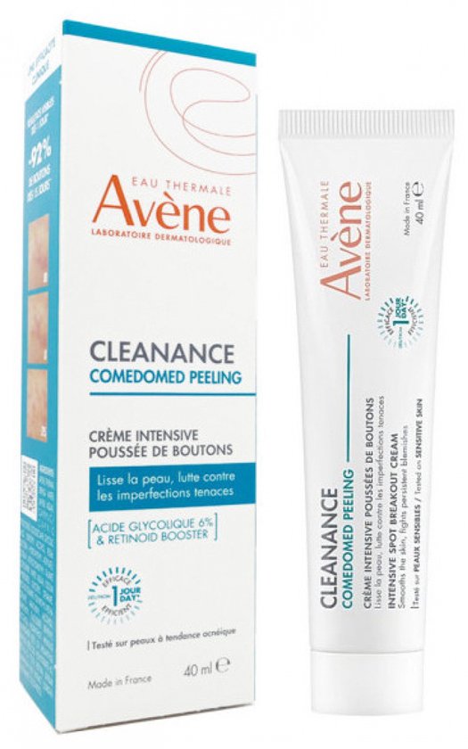 Doos en tube Avène Cleanance Comedomed Peeling crème. Tekst 'EFFET DÈS 1 JOUR'.