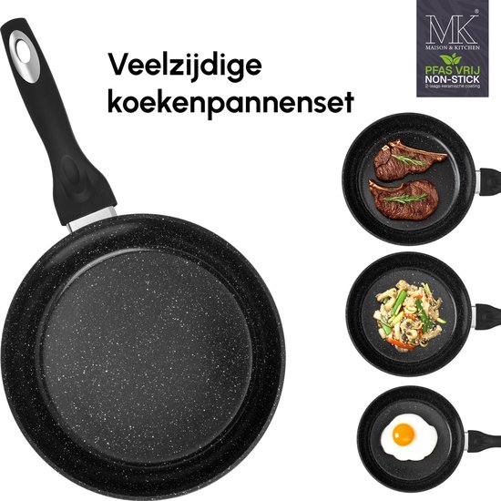 MK Maison & Kitchen veelzijdige koekenpannenset met zwarte marmeren coating en gerechten.