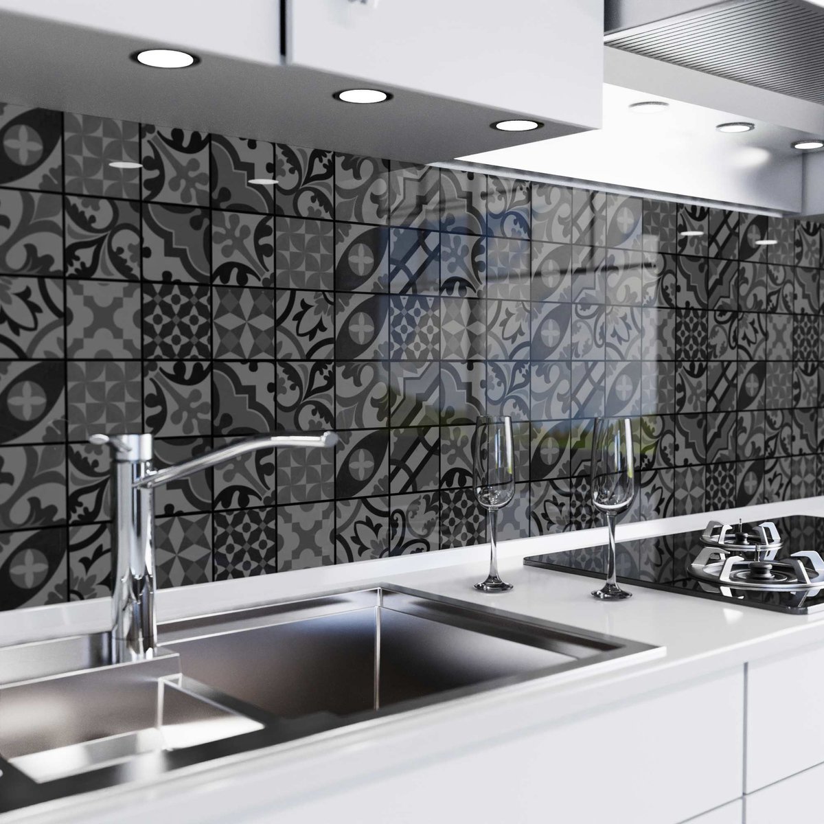 Keuken achterwand zelfklevend - Spatscherm keuken - Spatwand fornuis - Muurbeschermer - Verstevigde PET folie - 0,37 mm - Mat - Mozaïektegels donker - 220 cm x 60 cm