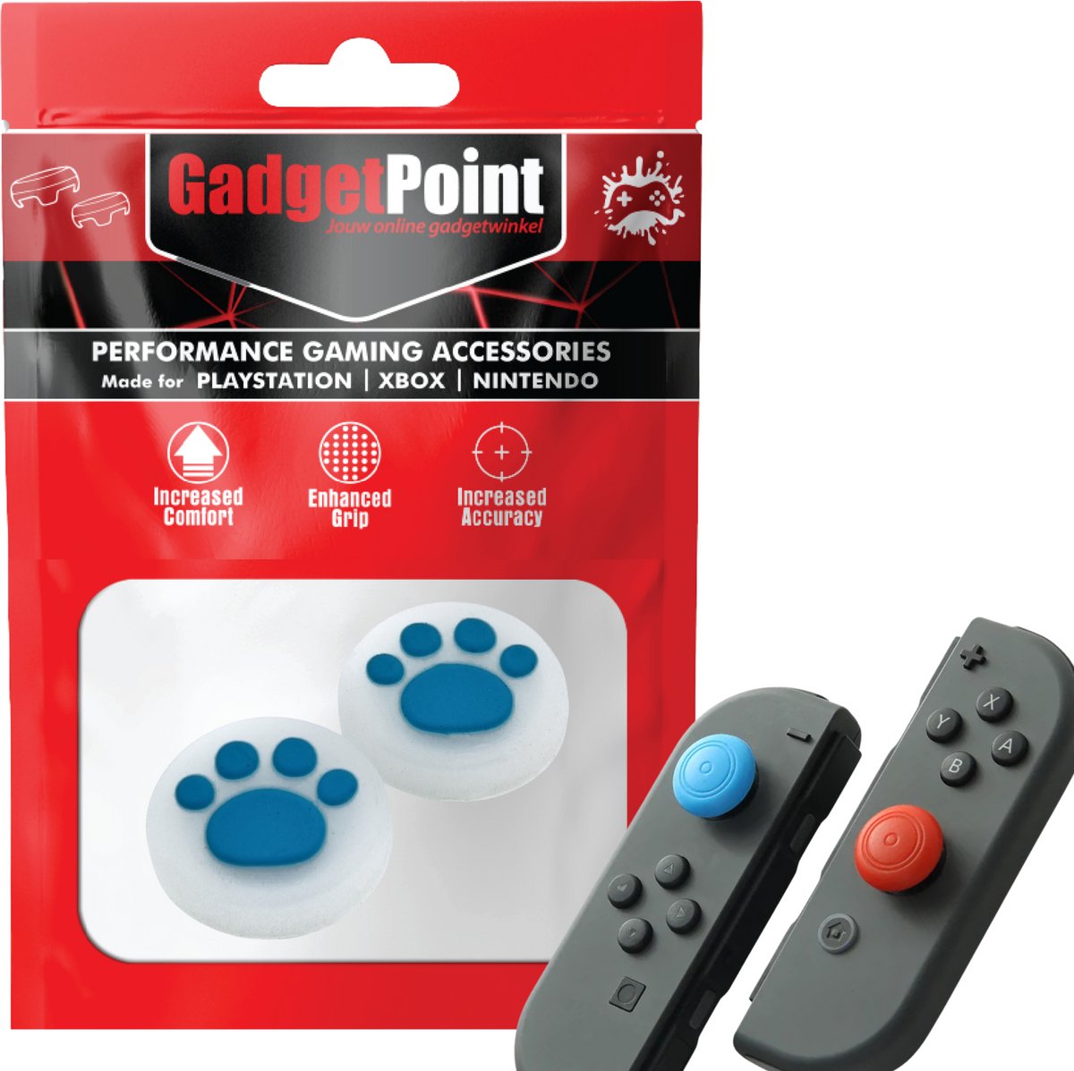 Gadgetpoint | Gaming Thumb Grips | Performance Thumbsticks | Accessoires geschikt voor Nintendo Switch Joy-Con Controller(s) | Thumbgrips | Pootjes - Transparant met Lichtblauw