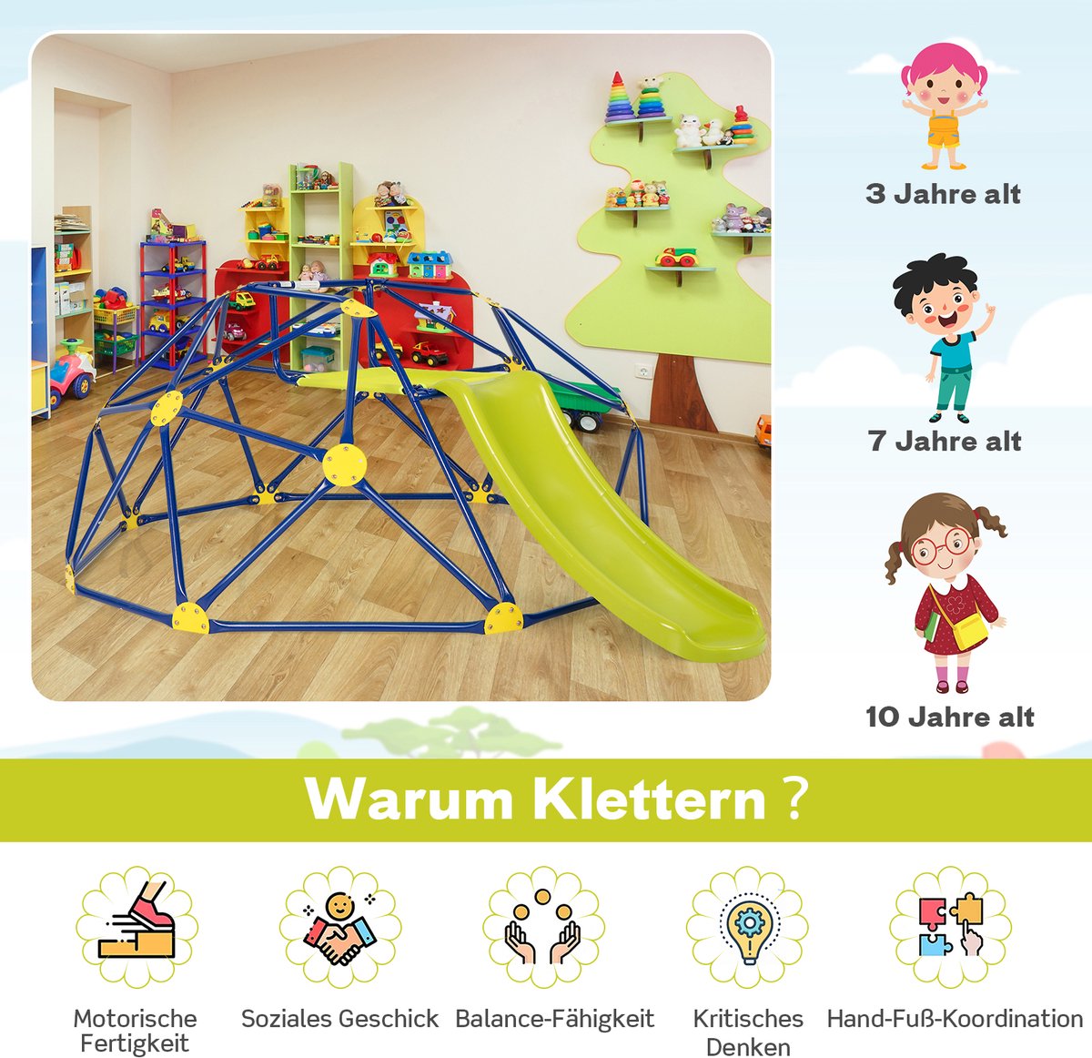 COSTWAY Klimkoepel en Speelset, Geometrische Koepel met Glijbaan, Draagvermogen van 180 KG, Speeltuin voor Kinderen van 3 tot 10 Jaar, Ideaal voor Gym, Achtertuin, Tuin, Park — afbeelding 5