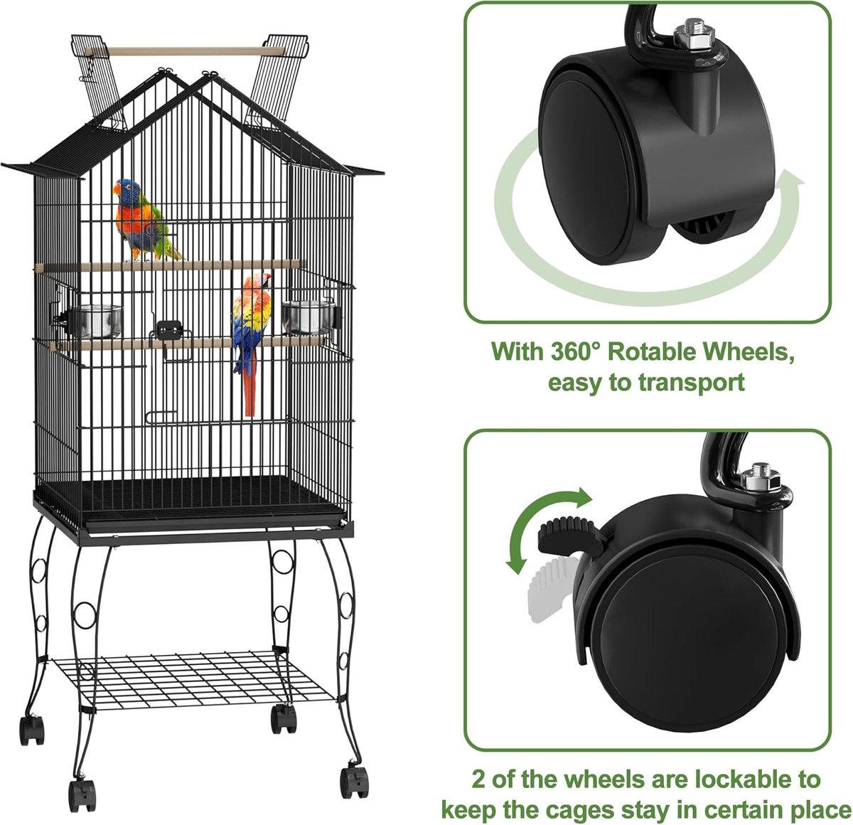 NAIZY Metalen vogelkooien 55x55x145cm parkietenkooi met rustende houten balk valkparkieten vogelkooi bouwer Draagbare vogelvolière met dakraam, deur, voederbak, uitneembare lade & wielen thumbnail 3