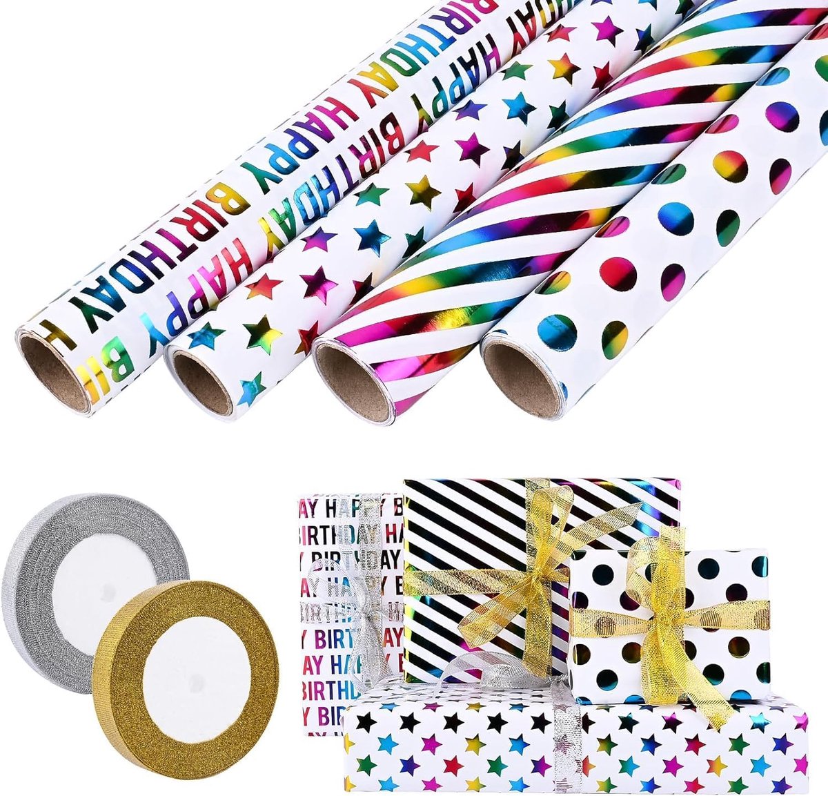 Cadeaupapier en lint - 4 rollen cadeaupapier voor elke gelegenheid, 43 x 300 cm, ideaal voor verjaardagen, Kerstmis, en meer