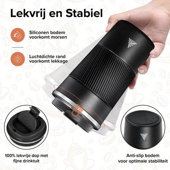 The Verge Thermos Cup - Tasse à café à Go - Mug de voyage pour Café et Thee - Tasse à thé - 380 ml - Acier inoxydable - Zwart - Cadeau homme femme