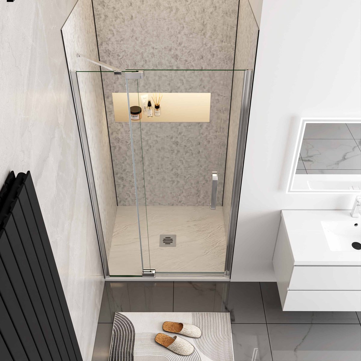 Douchedeur pendeldeur 90x195cm niche (Vast glas+draaideur) 8mm gehard glass easyclean glanzend chroom aluminium profiel-stabilisatiestang