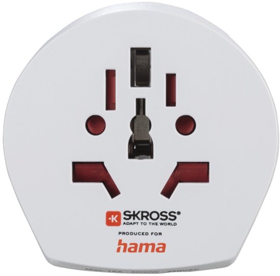 Witte wereldstekker met diverse ingangen voor stekkers en rode accenten. "SKROSS ADAPT TO THE WORLD" en "hama" logo.