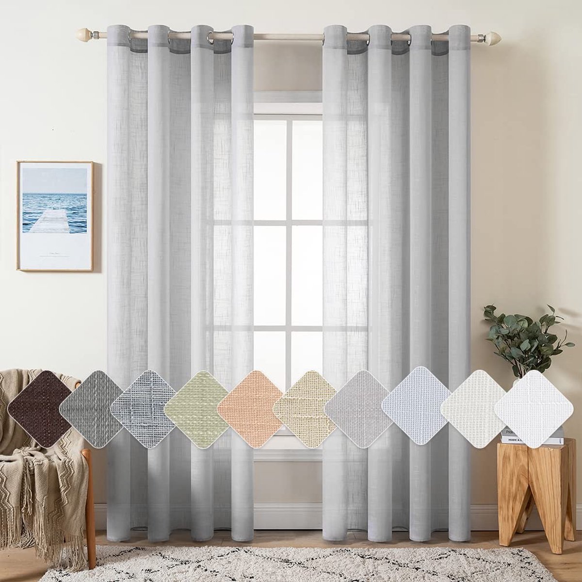 Unyqoos Set van 2 Transparante Linnenlook Gordijnen met Oogjes voor Woon- en Slaapkamer, 140 x 260 cm grijs