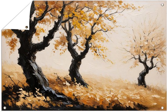 Herfstbomen in mistig landschap - Herfst poster - Tuinwanddecoratie bomen - Expressionisme - Buiten decoratie - Decoratie muur - tuinposter 60x40 cm