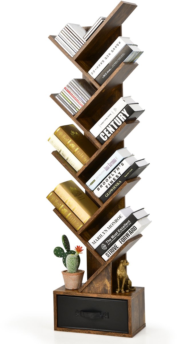 COSTWAY Boekenkast met lade, 8 verdiepingen, staand rek, boomvorm, cd- en dvd-plank, voor slaapkamer, woonkamer en thuiskantoor, 38 x 21,5 x 149,5 cm (rustiek bruin)