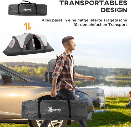 Tunneltent - Kampeertent met regenhoes - Familietent 6-8 persoons - 2 kamers - Grijs van Merkloos — afbeelding 3