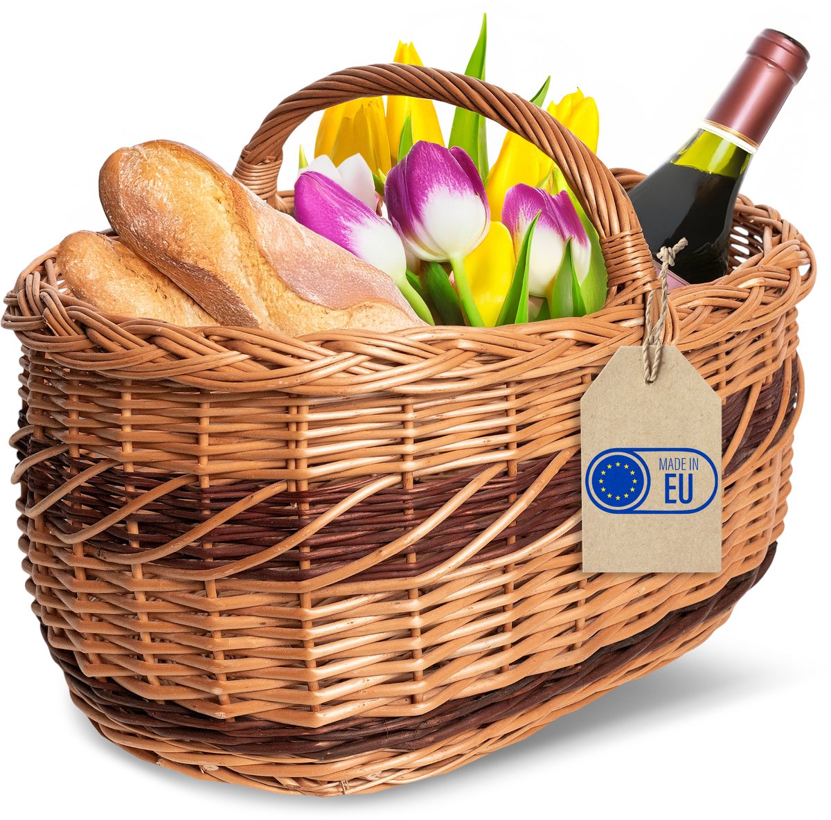 Creative Home Grote picknickmand Rieten mand met handvat Winkelmand | 52 x 35 x 36 cm (+/- 1 cm) | Groot, lichtgewicht | Tweekleurig | Handgeweven | Automand Universeel, decoratie
