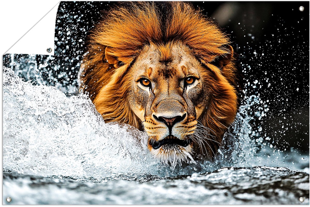 Dynamische leeuw door het water - Leeuw posters - Tuinmuurdecoratie water - Hyperrealisme